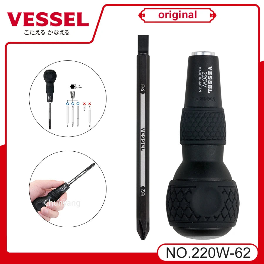 VESSEL Franchise Screwdriver Series NO.220W-62 with Soft Rubber Short Handle and Interchangeable Head