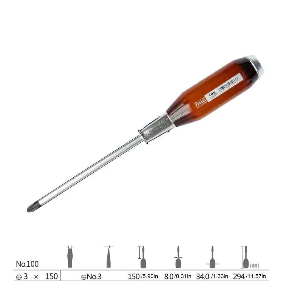 VESSEL Franchise Screwdriver Series NO.100 With Wooden Handle and Thickened Tail Nails, Ideal for Powerful Through-Core Screwing