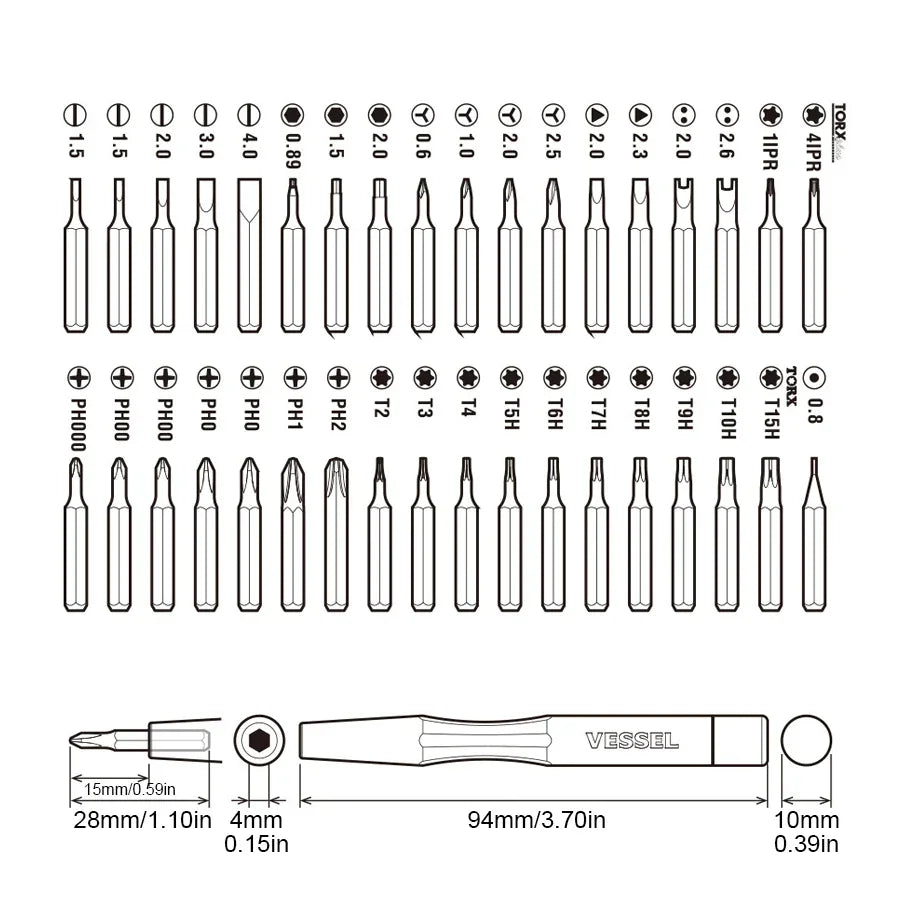 VESSEL Franchise Screwdriver Series NO.9836，Precision Replacement Screwdriver Bit Set of 36 Clocks, Glasses, Camera, Smartphone