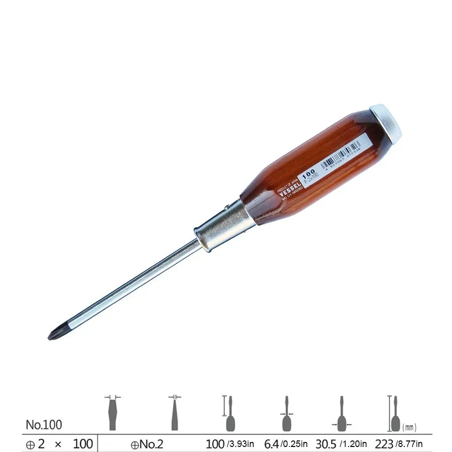 VESSEL Franchise Screwdriver Series NO.100 With Wooden Handle and Thickened Tail Nails, Ideal for Powerful Through-Core Screwing