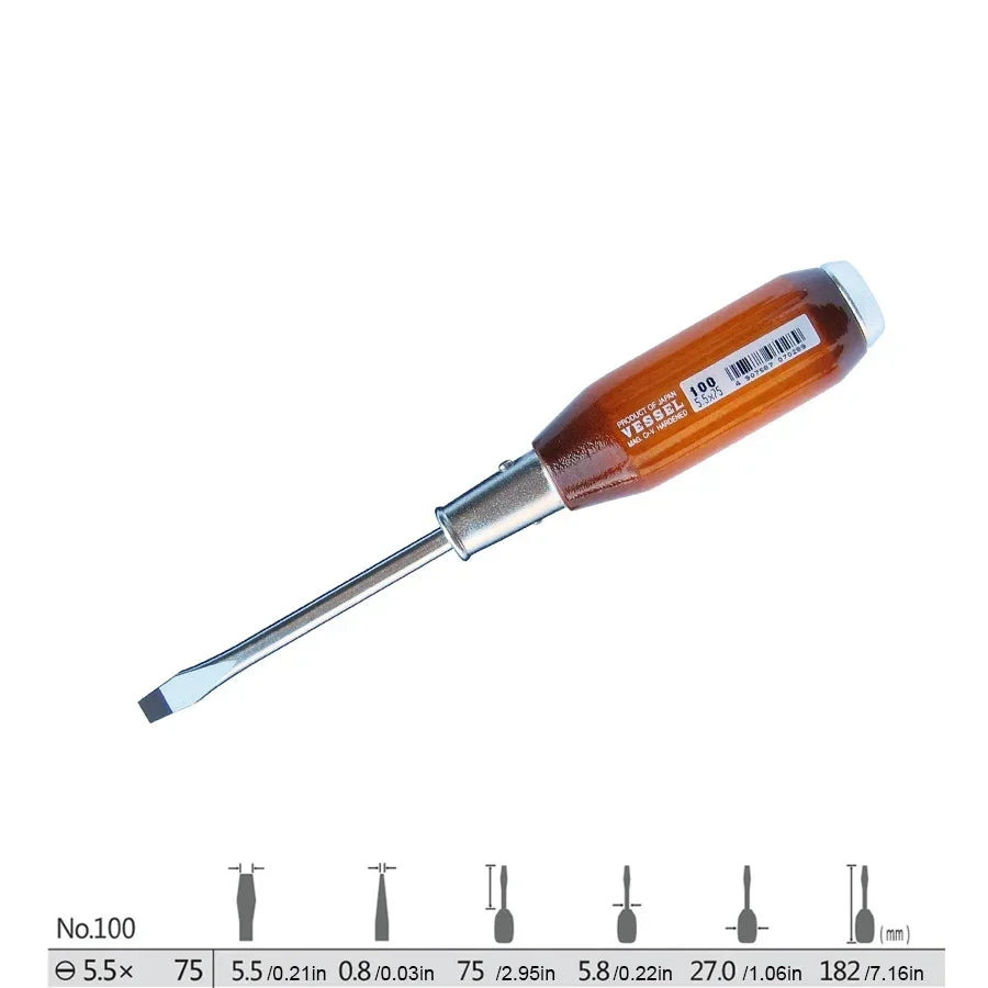 VESSEL Franchise Screwdriver Series NO.100 With Wooden Handle and Thickened Tail Nails, Ideal for Powerful Through-Core Screwing