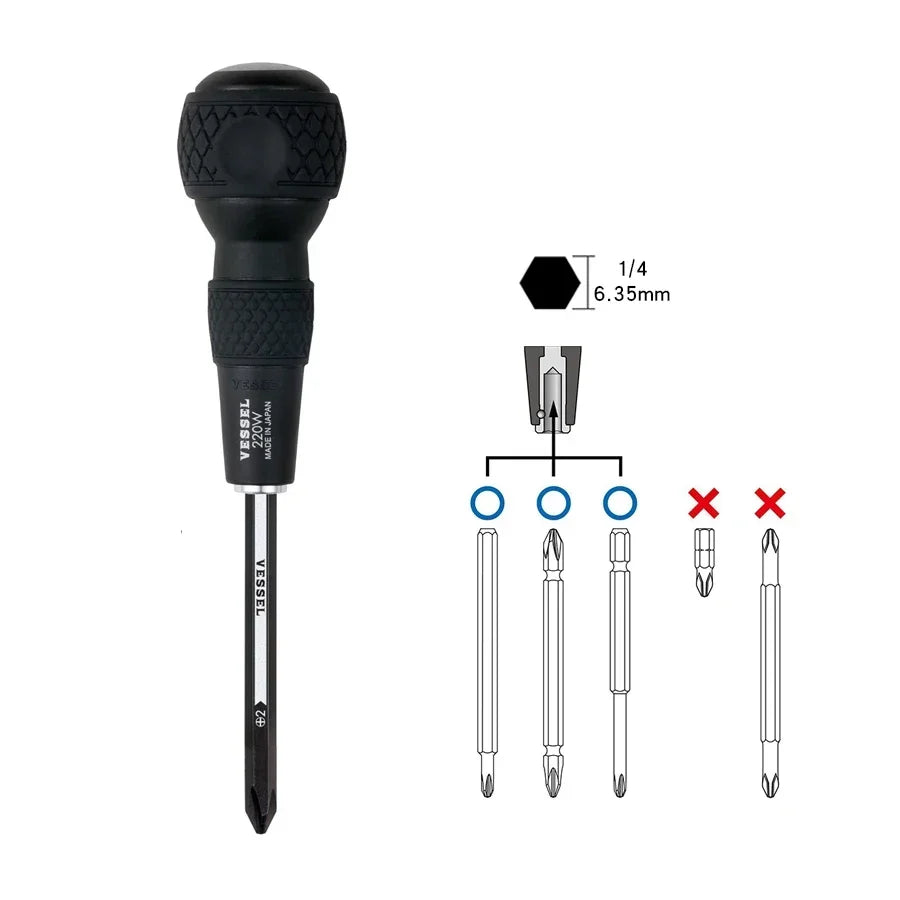 VESSEL Franchise Screwdriver Series NO.220W-62 with Soft Rubber Short Handle and Interchangeable Head