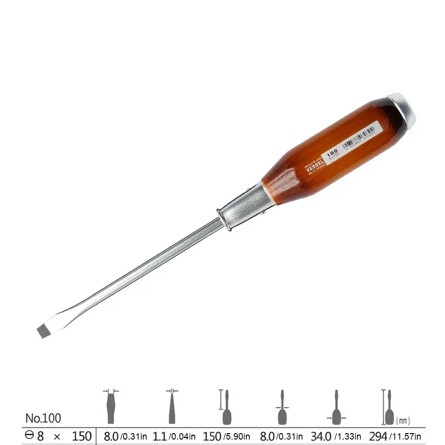 VESSEL Franchise Screwdriver Series NO.100 With Wooden Handle and Thickened Tail Nails, Ideal for Powerful Through-Core Screwing