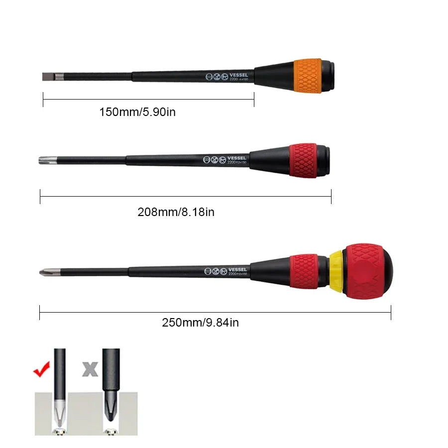 VESSEL Franchise Screwdriver Series NO.2200 ，Ball Grip +2x150 (Jis) 150mm Long +2 Screwdriver Come with a tool organizer